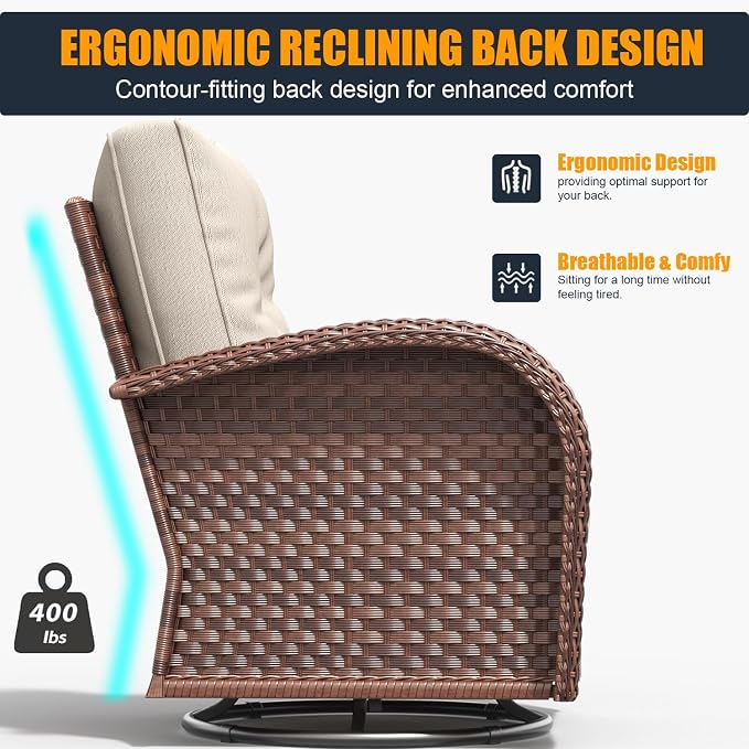 3 Pieces Outdoor Wicker Patio Swivel Rocking Chairs, All Weather Wicker Conversation Set with Side Table