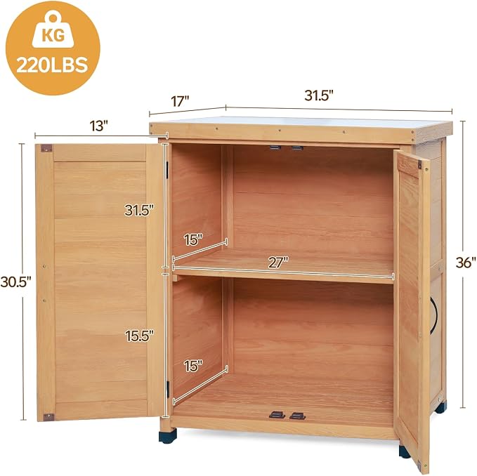Outdoor Deck Box Storage Cabinet with Metal Work Surface, Weatherproof Hemlock Wood Patio Storage for Garden Tools and Supplies, Stable X-Shape Design, 31 x 18 x 36 Inches, Wood Color
