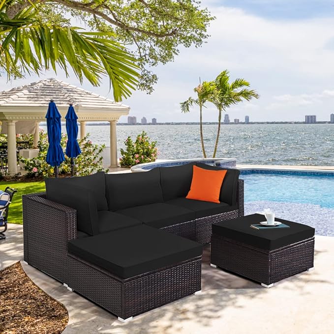 COSTWAY 5-Piece Outdoor Patio Furniture Set, Side Table, Ottoman and Lounge Sofa with Cushions, PE Rattan Conversation Set for Garden, Deck, Backyard (Black)