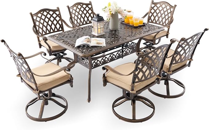 7-Pcs Cast Aluminum Patio Dining Set with 6 Swivel Chairs,Bronze | Outdoor Furniture Set Include 59" Rectangular Dining Table and 6 Swivel Chairs with Cushions & Umbrella Hole