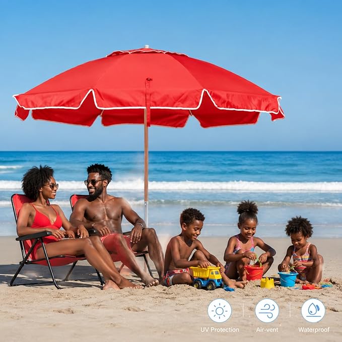 7.5FT Heavy Duty Beach Umbrella with Air Vent, Wood-Look Pole, Carry Bag, UPF50+ Superior Sun Protection, Blue Version
