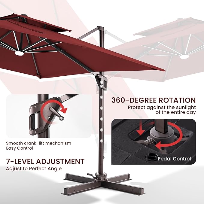10x10 FT Cantilever Patio Umbrella with Led Lights Double Top Outdoor Square Large Heavy Duty Aluminum Offset Umbrellas with 7 Level Tilt 360-degree Rotation for Pool Garden Deck, Wine Red