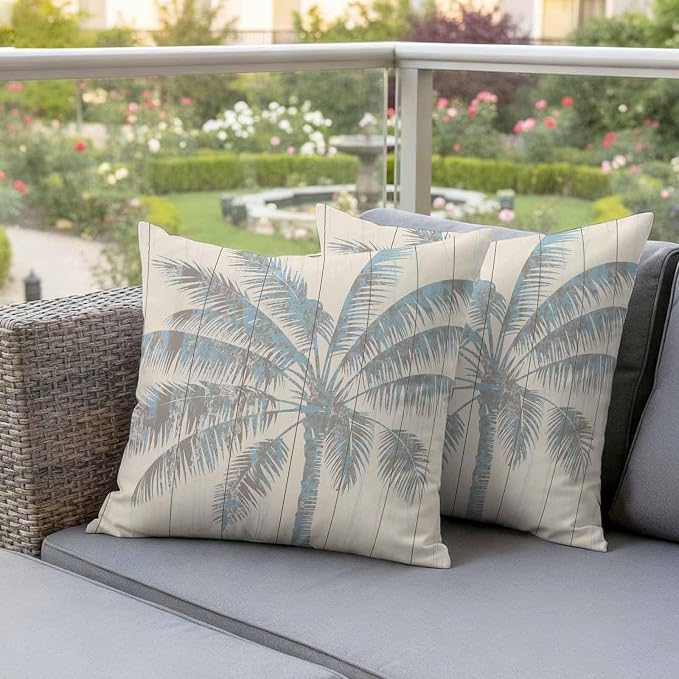Pack of 2 Blue Beige Palm Tree Outdoor Pillow Covers Decorative, Summer Tropical Botanical Waterproof Pillow Protector, Vintage Throw Pillowcases Accent Cushion Cases for Patio Couch Sofa 20"x20"