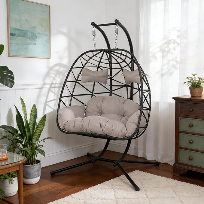 Double Egg-Shaped Hammock Chair with Stand Swing Egg Chair, Wicker Hanging Chair with Washable Cushion Sturdy Metal Stand, 600lbs Capacity for Indoor Outdoor Patio Living Room Etc(Black+Light Gray)