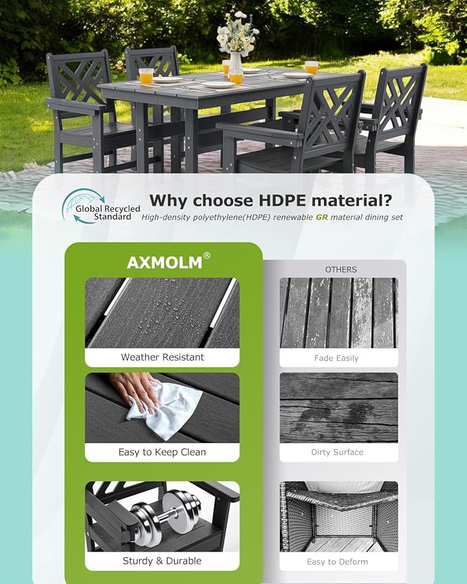 HDPE Outdoor Dining Table for 6, 62.2” Rectangle All-Weather Resistant Patio Dining Table with 2” Umbrella Hole for Balcony, Backyard, Garden,Lawn (Dark Grey, Dining Table)
