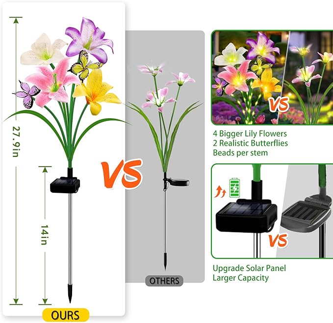 Solar Garden Lights 6 Pack 24 Lily Flowers with Butterfly Decor, Gifts for Mom Woman Birthday Solar Flower Lights for Outside,Cemetery Flowers for Grave - Decorative Lilies for Yard, Patio, Pathway