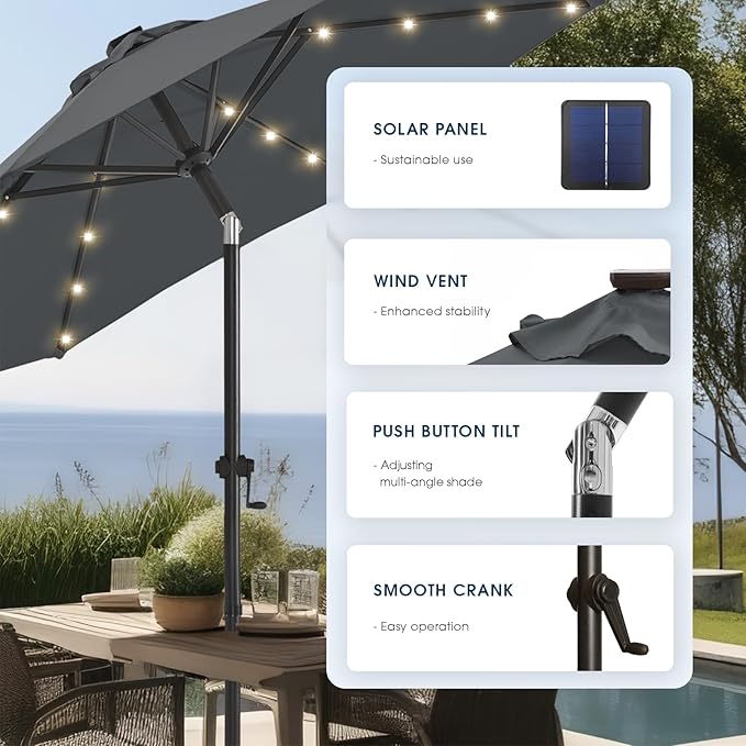 wikiwiki 9FT Solar Led Patio Umbrella with Base Included, 32 LED Lights, 8 Sturdy Ribs, Fade Resistant Waterproof POLYESTER DTY Canopy for Garden, Lawn, Deck, Backyard & Pool, Dark Gray