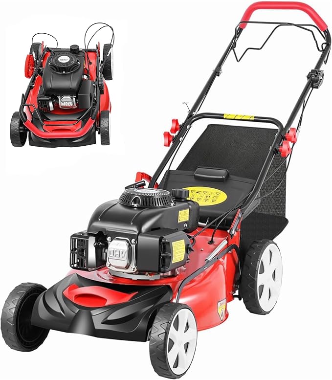 20-Inch Self-Propelled Gas Push Lawn Mower, 140cc 4-Stroke Engine 2800rpm Walk-Behind Gas Lawn Mower with Bagger 8-Position Lever Height Adjustment for Garden and Yard