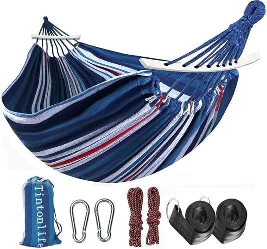 Brazilian Double Hammock 2 Person Canvas Cotton Hammock for Patio Porch Garden Backyard Lounging Outdoor,Indoor Blue/White Stripe Hammock