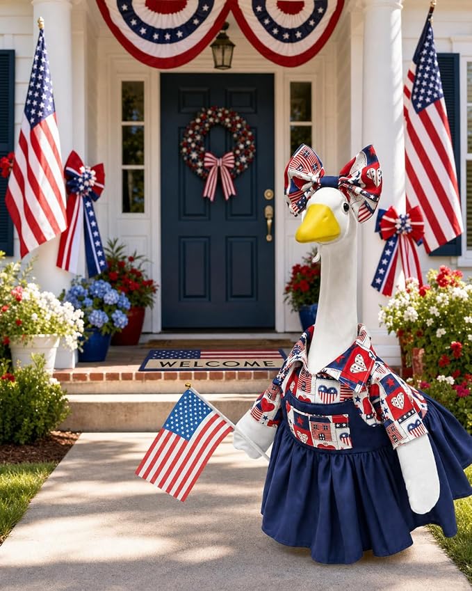 4th of July Porch Goose Outfit with Flag & Bow, 23" Patriotic Lawn Cement Goose Clothes for Independence Memorial Day, US 250th Anniversary Decoration, Best Gift for Mom Grandma