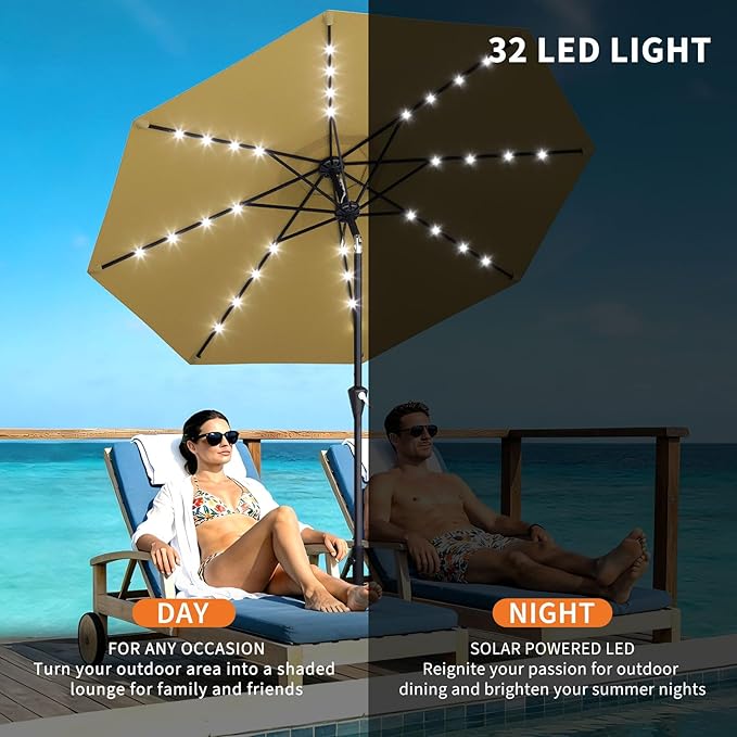 Garvee 9/10 FT Solar Patio Umbrella with 32 LED Lights - Outdoor Table Umbrella with Crank Lift, Push Button Tilt and 8 Sturdy Ribs - Market Umbrella UV Protection for Pool, Deck, Yard, Garden