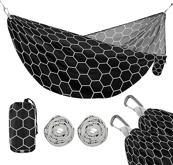 Camping Hammock Outdoor Hammocks for Outside Hexagonal Grid Black Beach Trees Portable Lightweight with Pockets Tree Straps Indoor