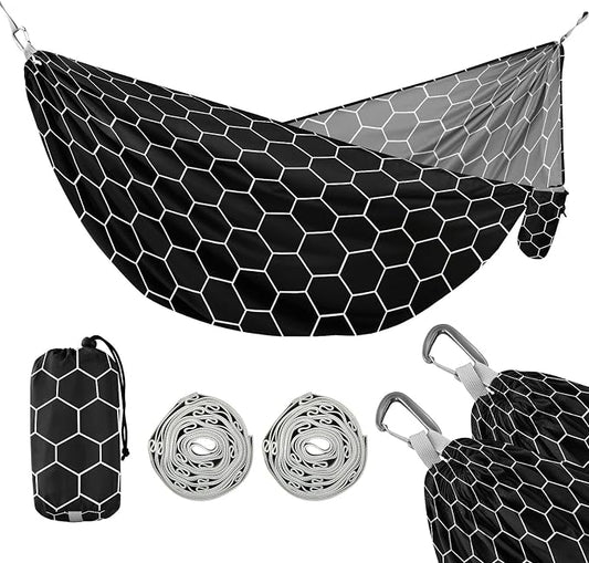 Camping Hammock Outdoor Hammocks for Outside Hexagonal Grid Black Beach Trees Portable Lightweight with Pockets Tree Straps Indoor