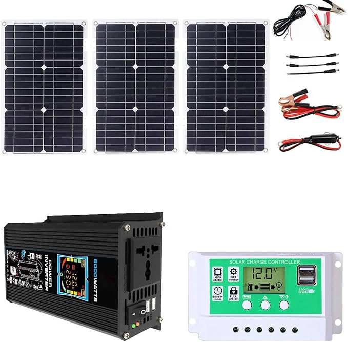 6000W Solar Generator Kit - Portable Off-Grid Power System with 12V/110V/220V Inverter, 75W Foldable Solar Panel, Dual USB Ports & 50A Controller for Home & Outdoor Use (Black)