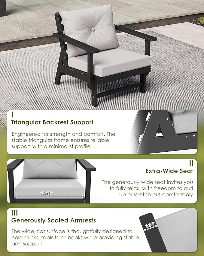 GREENVINES Outdoor-Couch | HDPE Plastic | Patio Sectional Conversation Set | All Weather Couches | Sofa with Detachable Armrests | for Porch Deck Lawn | Black Frame Light Gray Cushion