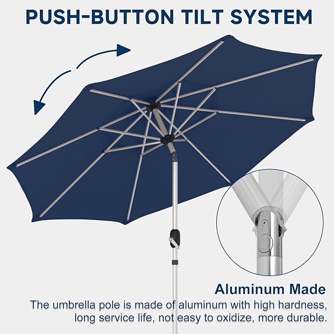 10FT 3-Tier Aluminum Outdoor Patio Umbrella, Fade-Resistant Market Umbrella with Push Button Tilt Function, 8 Sturdy All-Aluminum Ribs for Gardens, Patios, Backyards & Pools