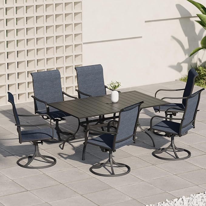 Anmutig 7-Piece Outdoor Dining Set, 6 Swivel Patio Chairs & 60''Rectangular Dining Table with All Weather Frame Furniture Set - Navy Style2