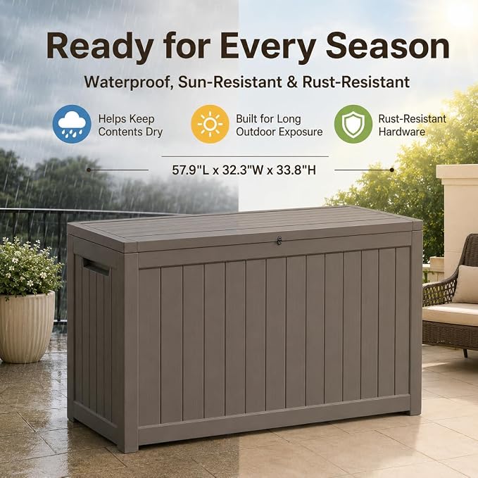 Outdoor Deck Patio Storage Box - 280 Gallon Large Outdoor Deck Box, Plastic Storage Bin with Lid, Outside Toy Box & Pool Storage Container for Cushions, Garden Tools, Towel, Brown