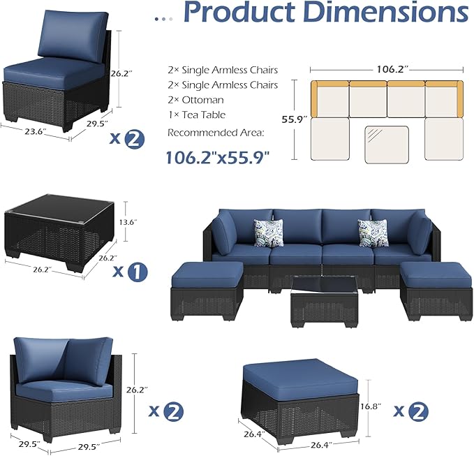 U-MAX 7 Piece Outdoor Patio Furniture Set with 30 Inch Fire Pit Table, PE Rattan Wicker Sofa Set, Outdoor Sectional Furniture Chair Set with Cushions and Tea Table, Black Rattan&Dark Blue Cushion