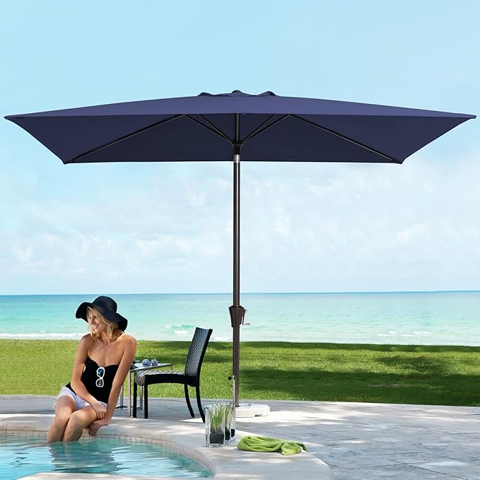 JEAREY 6.5x10ft Olefin Rectangular Patio Umbrella, Rectangle Outdoor Umbrellas with Auto Tilt Crank System, Market Table Umbrella UV Protection Fade-Resistant for Pool Deck Garden Yard, Navy