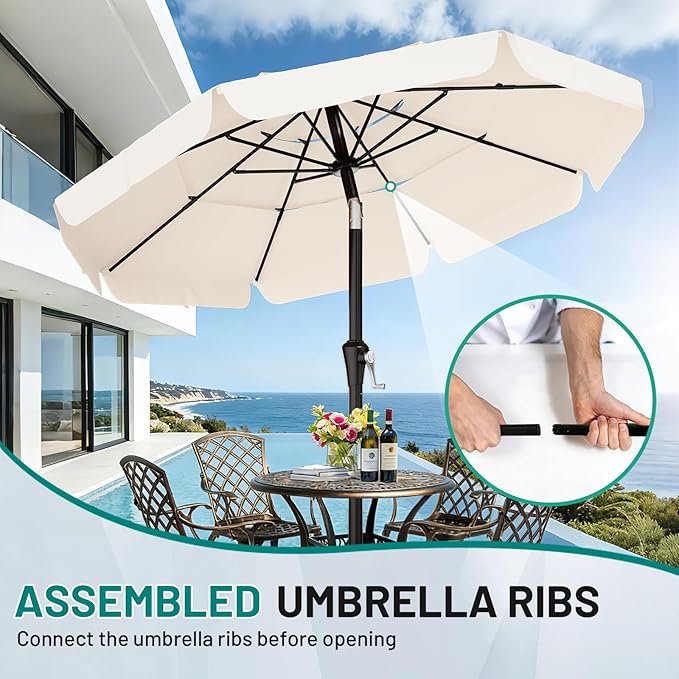 AreShark 10FT 3-Tiers Patio Umbrella with Valance, Outdoor Umbrellas with Crank/Tilt, Table Market Umbrella Vented w/ 8 Sturdy Ribs for Garden, Deck, Backyard, and Pool, Cream White