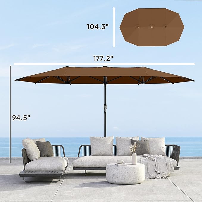 Outsunny 14.8ft Double Umbrella, Large Outdoor Patio Sun Shade with LED Solar Light for Garden