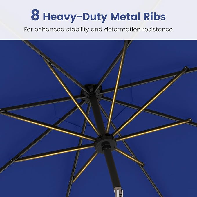 Tangkula 10 FT Solar Patio Umbrella, Outdoor Market Table Umbrella with 96 Multi-Colored Flowing LED Lights, 9 Modes, Tilt Adjustment, Crank Handle, 8 Ribs, Vented Top for Backyard Poolside Deck Lawn