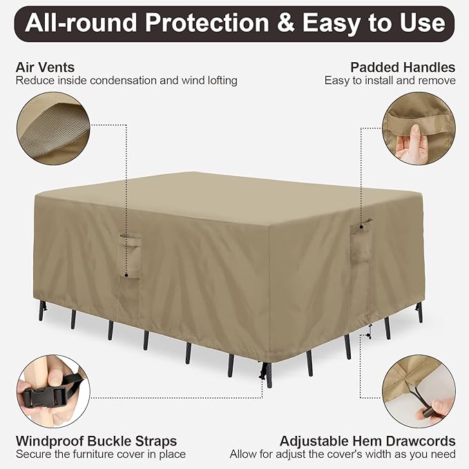 PureFit Patio Furniture Covers, Outdoor Table Furniture Cover Waterproof Rectangle, Patio Sectional Couch Set Cover for Deck, Lawn and Backyard, UV Resistant, 110"L x 84"W x 28"H, Camel