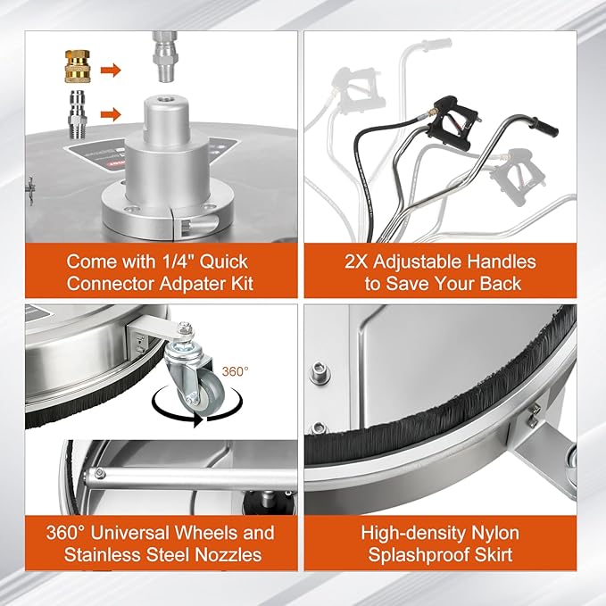 20" Pressure Washer Surface Cleaner, 4500PSI Stainless Steel Surface Cleaner for Pressure Washer with 4 Wheels, Power Washer Surface Cleaner for Concrete, Patio, Sidewalk, Deck and Driveways