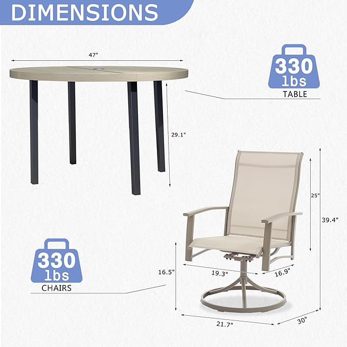 7 Piece Outdoor Patio Dining Set for 6, 47" Honey Oak Round Metal Table with 6 Ivory Beige Swivel Chairs, All-Weather Outdoor Furniture Set for Backyard, Lawn, Deck, or Poolside