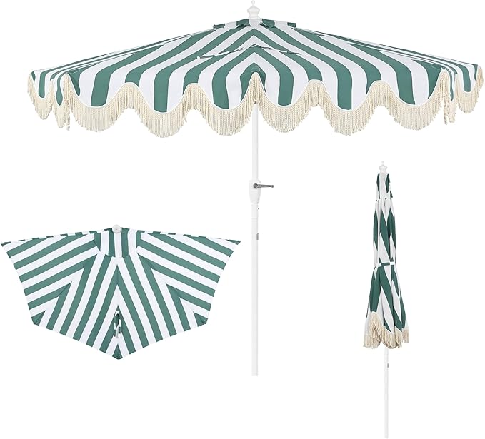 JONATHAN Y Beverly 9 ft. Coastal Green and White Striped Half Patio Umbrella with Scalloped Fringe, Crank Lift, and Manual Tilt for Balcony, White Pole UMB1201L