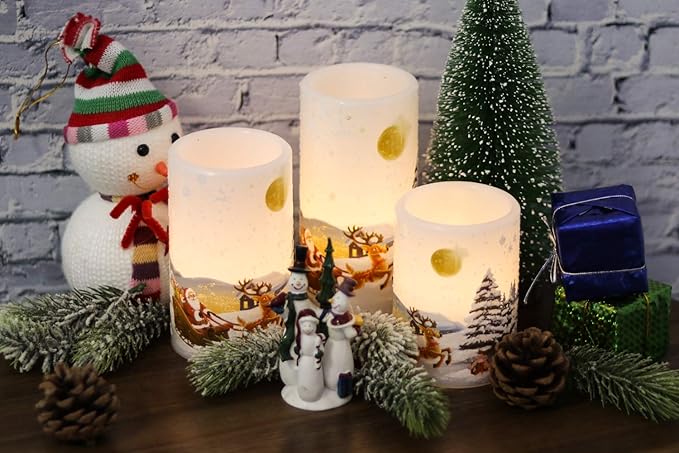 GenSwin Christmas Santa Clause Flameless Candles Flickering Battery Operated with Timer, Real Wax Led Pillar Candles Warm Light, Christmas Snowman Santa Clause and Deer Home Decor Gift(Pack of 3)