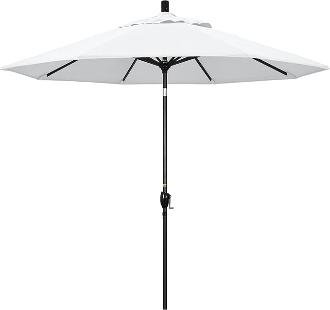 California Umbrella 9' Round Aluminum Market Umbrella, Crank Lift, Push Button Tilt, Black Pole, White Olefin