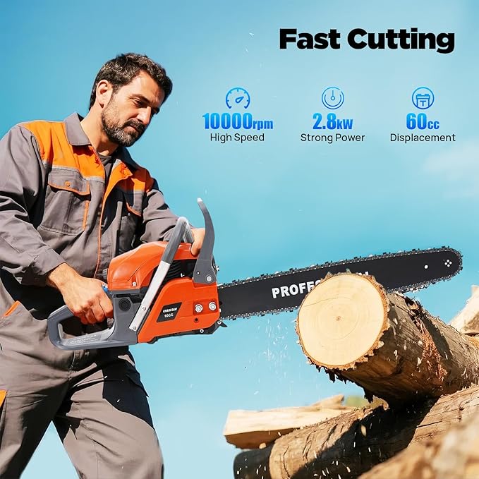 62cc Gas Chainsaws, 22 Inch Bar Power Chain Saws, 2-Stroke Gas Powered Handed Petrol Gasoline Chain Saw with Glooves & Goggles for Cutting Wood Outdoor Garden Farm Home Use