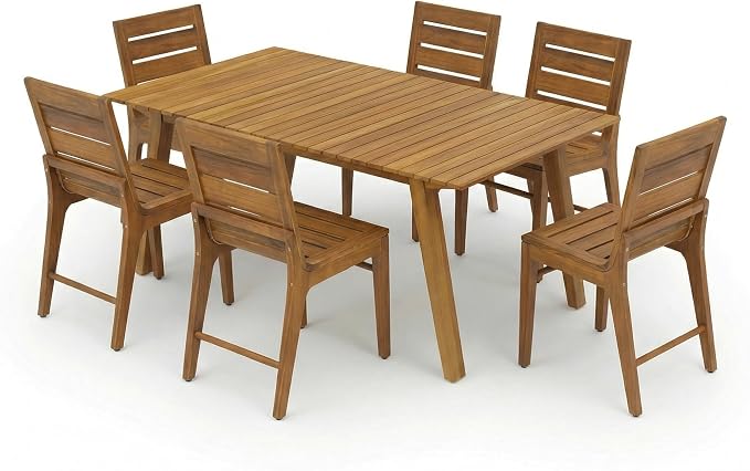 Christopher Knight Home 7 Piece Outdoor Dining Set, 69" Acacia Wood Patio Table with 6 Wooden Chairs, Teak Finish Solid Wood Dining Table Set for Backyard Garden Porch Deck