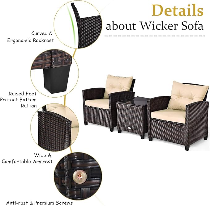 COSTWAY 3PCS Patio Furniture Set, PE Rattan Wicker Sofa w/Washable Cushion and Coffee Table, Tempered Glass Tabletop, Outdoor Conversation Set for Balcony, Porch, Yard, Backyard, Lawn, Beige