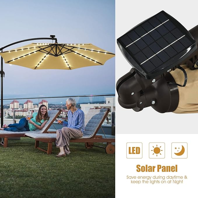 Tangkula 10 Ft Patio Offset Umbrella, 40 LED Lighted Market Umbrella W/8 Sturdy Ribs, Easy Tilt Adjustment & Crank, Polyester Shade, Ideal for Backyard, Garden, Seaside, Store, Pool (Beige)