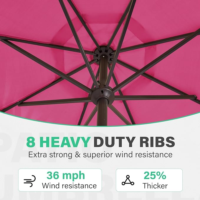 JEAREY 9 FT Patio Umbrella Outdoor, Table Umbrellas Market Umbrella w/Push Button Tilt/Crank, 8 Sturdy Ribs(Rose Pink)