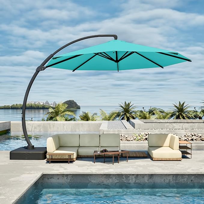 12FT Cantilever Umbrella with Base Large Curvy Outdoor Aluminum Offset Umbrella w/ 360° Rotation, UV Resistant Canopy for Patio, Garden, Backyard, Aqua Blue