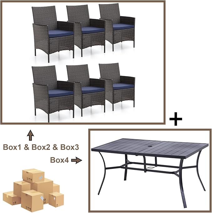 Sophia & William 7 Pieces Patio Dining Set for 6 People, Rectangular Patio Table and Rattan Chairs Set, Metal Outdoor Table and Wicker Chairs Outdoor, 1.57"-1.9" Adjustable Umbrella Hole