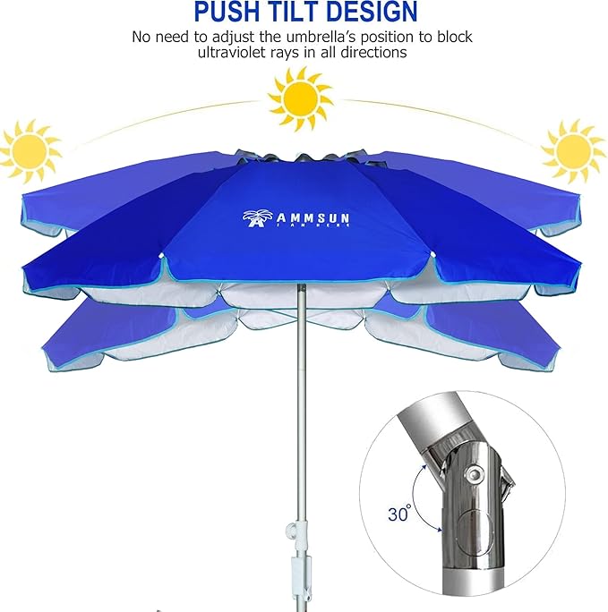 AMMSUN 6.5ft twice folded Portable beach umbrella with sand anchor windproof, Push Button Tilt and Air vent UPF 50+ Protection Fits in a large Suitcase for Patio Garden Beach Pool Backyard Blue