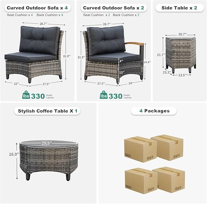 MEISSALIVVE 9 Piece Outdoor Patio Furniture Set, Half-Moon Curved Sectional Sofa Rattan Conversation Set with Wood Armrests, Coffee Table & Side Table（Grey）