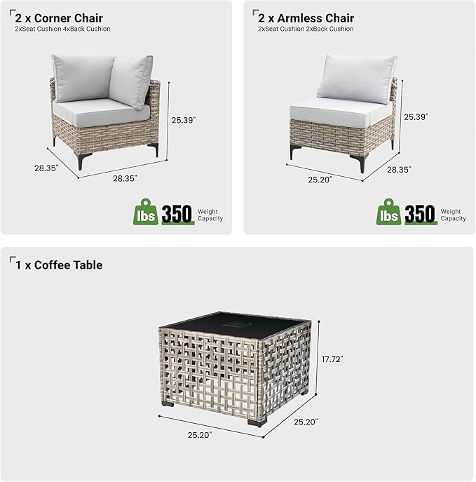 5 Piece Outdoor Patio Furniture with Glowing Coffee Table, Rattan Wicker Conversation Set with Sofa, Sectional Single Chairs for Outside Porch Balcony Backyard Pool,Light Grey