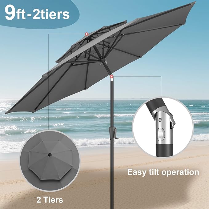 FLAME&SHADE 9ft Patio Umbrella - 2 Tiers Outdoor Umbrella with Push Button Tilt and Crank for UV Protection, Table Market Umbrella for Garden, Deck, Backyard, Pool and Beach(Anthracite)