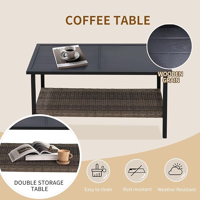 COOS BAY Sunset Haven Outdoor Patio Furniture Set, Outdoor Conversation Set, Rattan Wicker Sofa, Loveseat, 2 Patio Chairs and Coffee Table, Brown/Beige