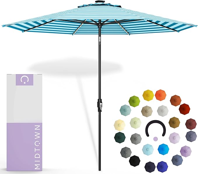 Midtown Umbrellas The LED Swilt 10 Feet Patio Umbrella With Terylast Cobalt Stripes (Blue/White) Polyester Fabric - Auto-Tilt Aluminum Frame w/LED Lights For Backyard, Deck, Garden, Pool - Black Pole
