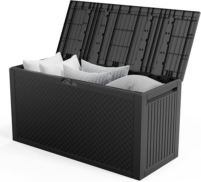 90 Gallon Outdoor Garden Plastic Storage Deck Box Chest Tools Cushions Toys Lockable Seat