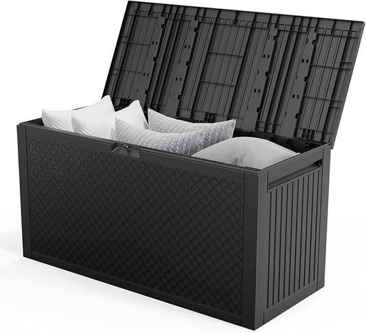 90 Gallon Outdoor Storage Box with Maze Texture, Waterproof Resin Deck Box for Patio Furniture Cushions, Lockable & Weather Resistant Garden Bin for Pool Toys & Tools, Black