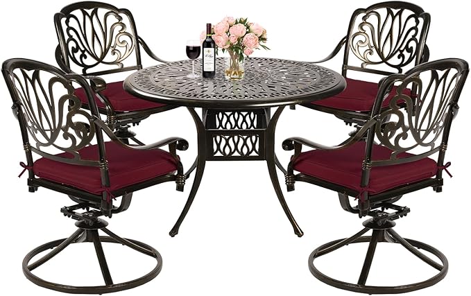 MEETWARM 5-Piece Outdoor Patio Dining Set, All-Weather Cast Aluminum Patio Conversation Set for Backyard Garden Deck with 4 Cushions Swivel Rocker Chairs and 35.4" Round Table, Chili Red