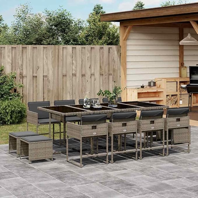 13-Piece Garden Dining Set for 12 People, Outdoor Poly Rattan Patio Furniture with Tempered Glass Tabletop and Cushioned Chairs, Grey